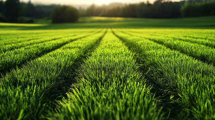 Fototapeta premium A lush rice paddy field with neat, under a bright, sunny sky, green rows stretching into the horizon. 
