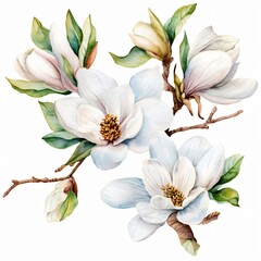 Obraz premium Watercolor painting of a magnolia flower with green leaves and brown branches on a white background.
