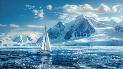 A sailing boat majestically moving across the ocean, with breathtaking icy mountains in the background