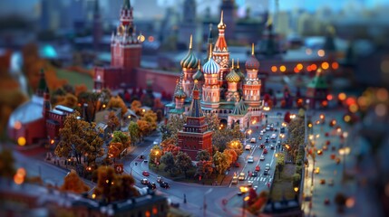 Miniature Model of Red Square and St. Basil's Cathedral in Moscow at Dusk