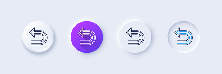 Undo arrow line icon. Neumorphic, Purple gradient, 3d pin buttons. Left turn direction symbol. Navigation pointer sign. Line icons. Neumorphic buttons with outline signs. Vector