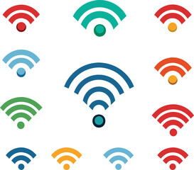 A colorful array of WiFi icons, representing wireless internet connectivity. The icons are in various colors and shapes
