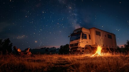 Obraz premium Camping Under the Stars: Adventure in an Off-Road Truck by the Fire
