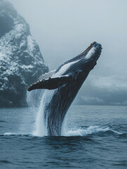 Fototapeta premium Stunning shot of a humpback whale breaching out of the ocean, capturing the majestic moment in midair with water splashing around, set against a dramatic sky and sea background