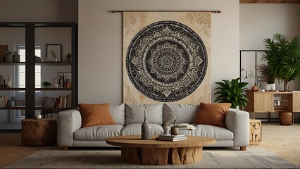 Modern interior of the living room with a mock-up frame. Generative AI