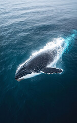 Naklejka premium Stunning shot of a humpback whale breaching out of the ocean, capturing the majestic moment in midair with water splashing around, set against a dramatic sky and sea background