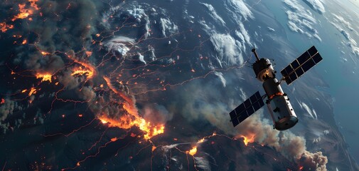 A satellite orbits above a planet, capturing the intensity of volcanic eruptions and fires on the surface below.