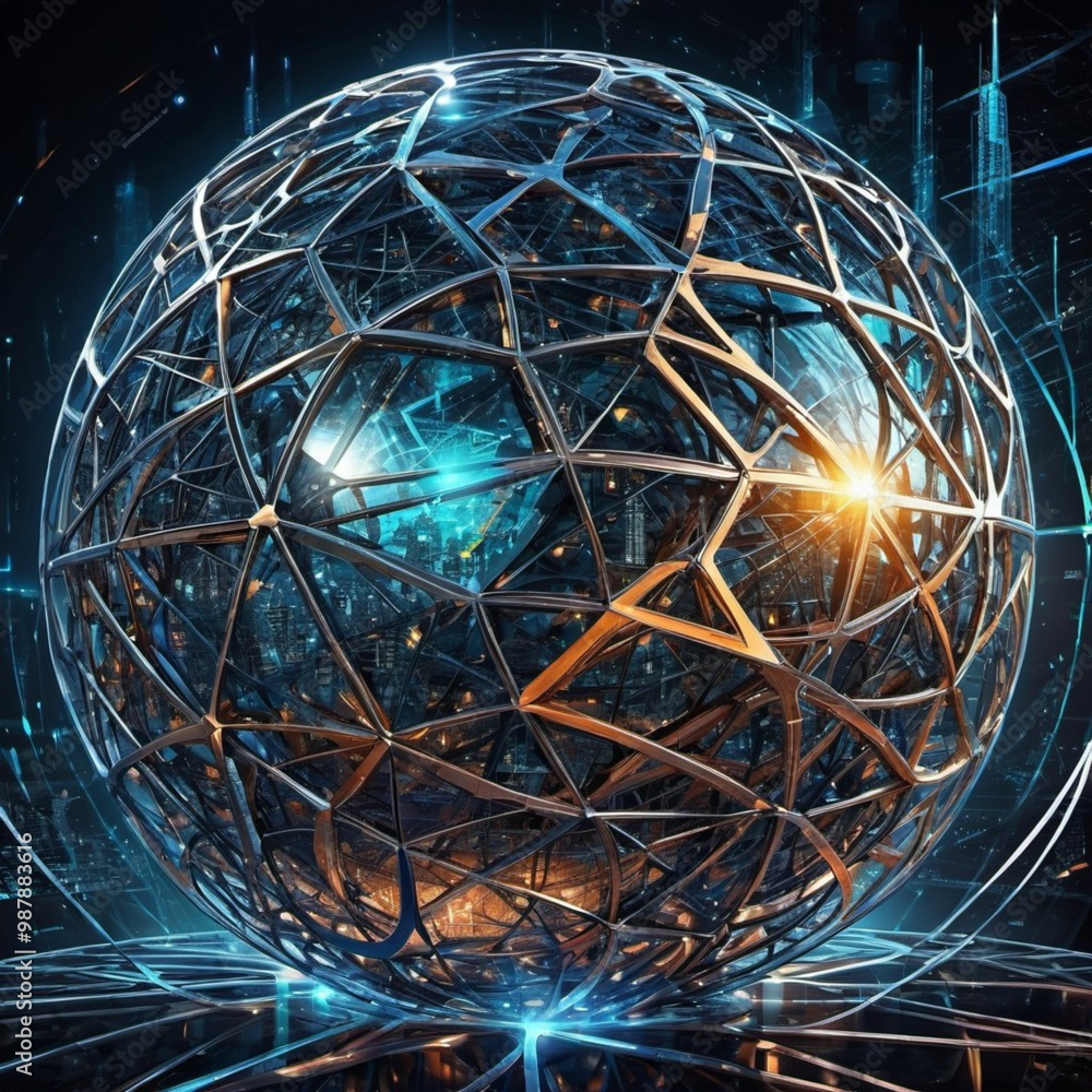 Poster a captivating metallic sphere is encased in intricate latticework, radiating blue and orange lights 