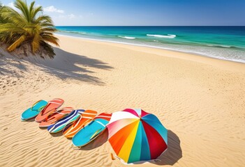 Obraz premium vibrant beach equipment displayed sunny sandy coastline clear blue skies colorful accessories, colors, ocean, towel, umbrella, chair, surfboard, beachball