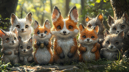 A group of adorable foxes looking at the camera in a forest setting.