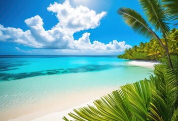 vibrant coastlines featuring lush palm soft fine crystal clear waters under bright blue skies, beach, ocean, wave, sand, tropical, paradise, summer