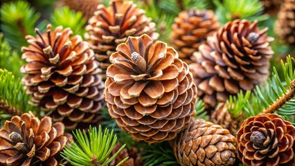 Fototapeta premium Close-up of pine cones nestled among green pine needles