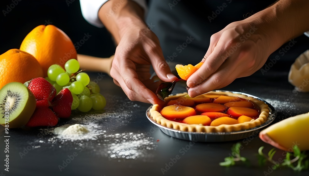 Wall mural chefs hand skillfully adding fresh ingredients to a vibrant fruit tart