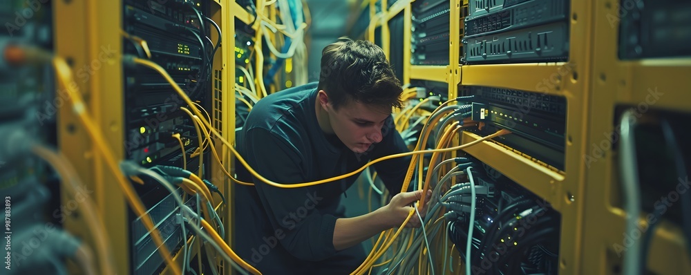 Poster a technician organizes cables in a server room, focused on optimizing data connections and ensuring 