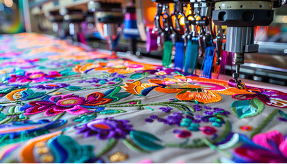 Fototapeta premium An embroidery machine working on a colorful floral fabric, showcasing advanced embroidery techniques and fabric printing technology
