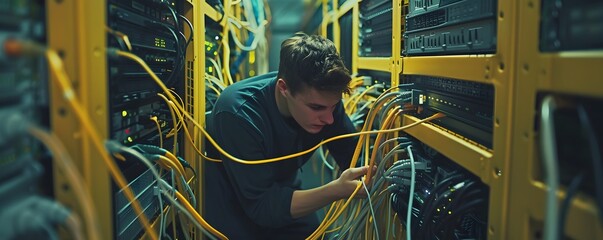 A technician organizes cables in a server room, focused on optimizing data connections and ensuring network reliability.