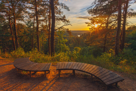 Neris river as seen from the Hill Fort of Naujoji Reva in Silenai cognitive park near Vilnius, Lithuania. This touristic nature trail is a part of Neris regional park - Powered by Adobe