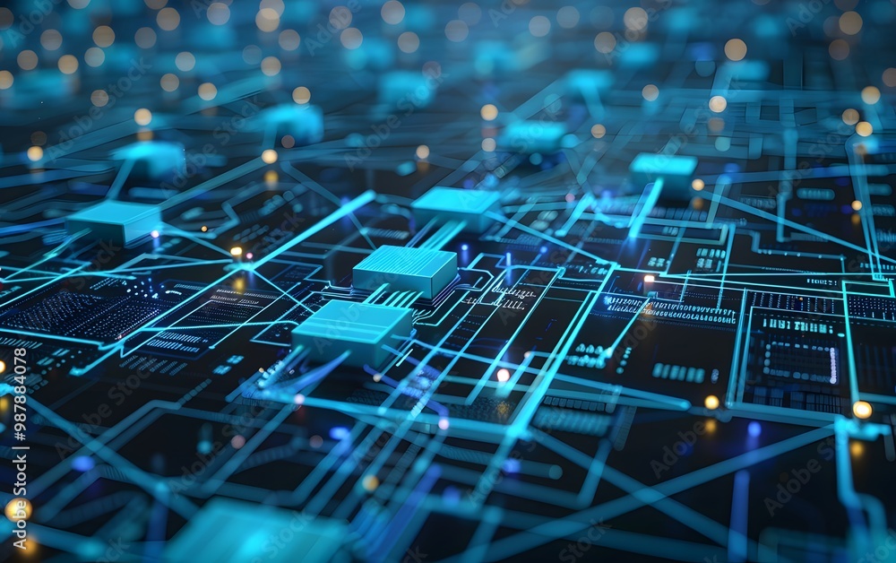 Poster abstract digital network connection with glowing blue circuitry and data flow, representing technolo