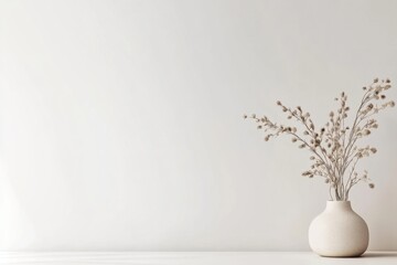 Minimalistic background with space for text featuring ceramic vase and dried flowers