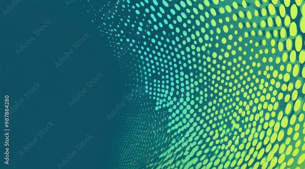 Poster teal and lime green halftone background featuring simple dots and shapes
