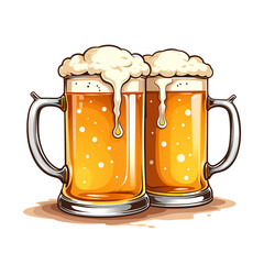 A vibrant illustration of two isolated mugs full of beer with foamy bubbles on a transparent background - Oktoberfest concept