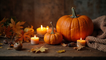 Warm Halloween scene with a pumpkin and tealight candles, capturing autumn's essence.

