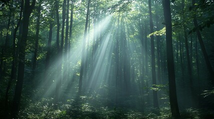 Fototapeta premium Sunlight Beams Through Misty Forest