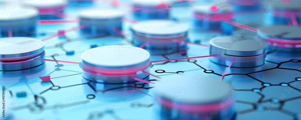 Poster close-up view of technological components with glowing elements on a blue circuit board, ideal for t