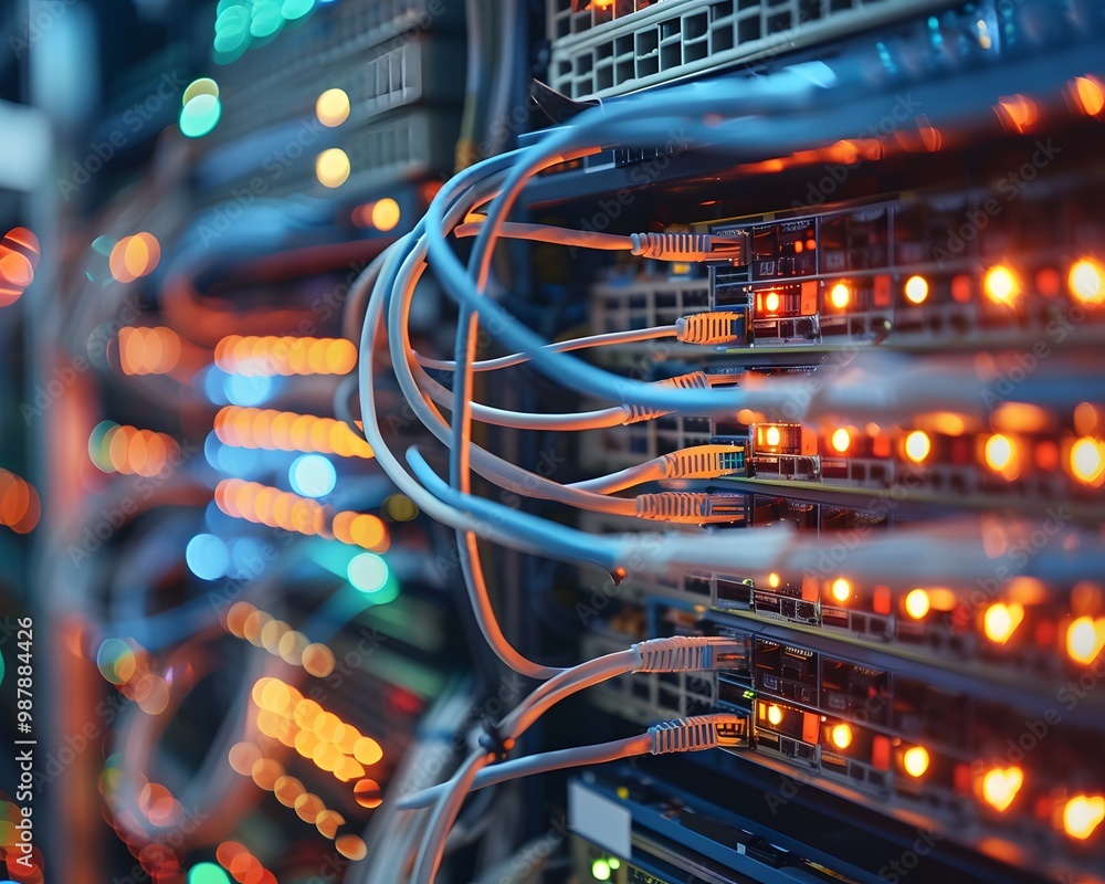 Poster close-up of network server with glowing lights and cables, showcasing modern technology and data con