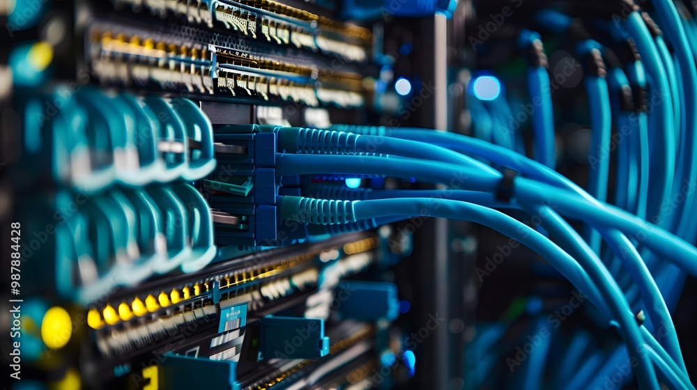 Poster close-up of network server connections with blue cables and glowing led indicators, showcasing moder
