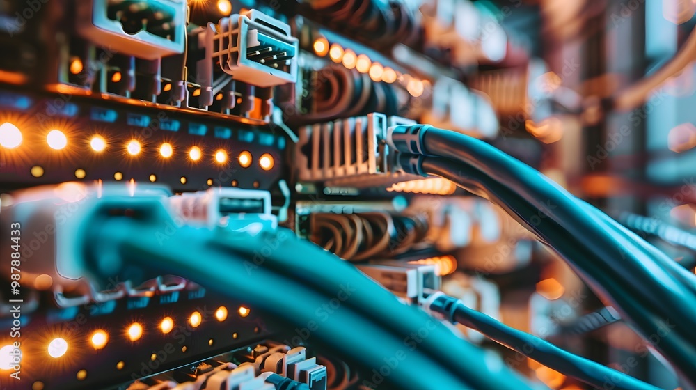 Poster close-up of server cables and lights in a data center, showcasing modern technology and connectivity