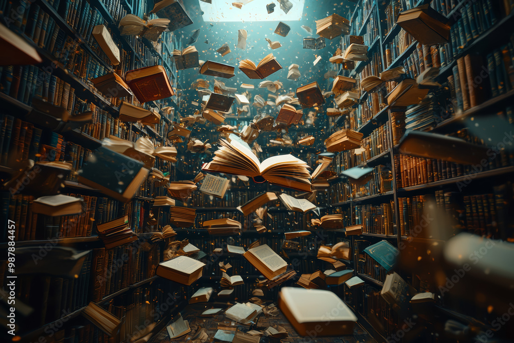 Poster a whimsical library where books float mid-air and pages turn by themselves, representing the magic o
