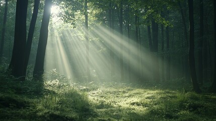 Sunbeams Illuminating a Misty Forest