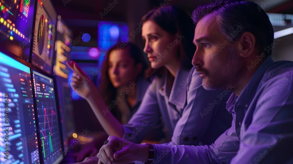 Poster focused team analyzing data on screens in a modern tech environment, showcasing teamwork and digital