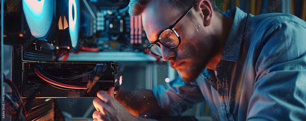 Poster focused technician inspecting computer hardware with precision tools in a modern tech environment.