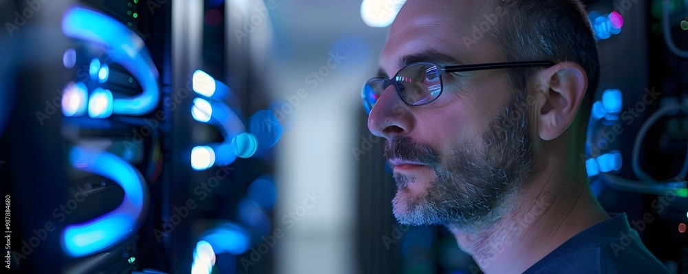 Poster focused technician working on advanced server technology in a dimly lit data center, illuminated by 