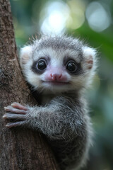 Obraz premium A baby lemur clings to a tree branch with big, curious eyes.