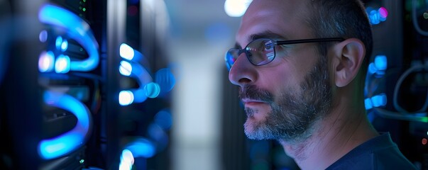 Focused technician working on advanced server technology in a dimly lit data center, illuminated by blue LED lights.