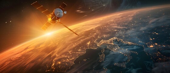 Satellite orbiting Earth at sunset, illuminating cities and landscapes. A stunning depiction of space exploration and planet beauty.