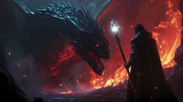 A dark sorcerer seeking to control the black king dragon igniting a conflict that could determine the fate of magical and human realms alike. Magical Realm. Illustration
