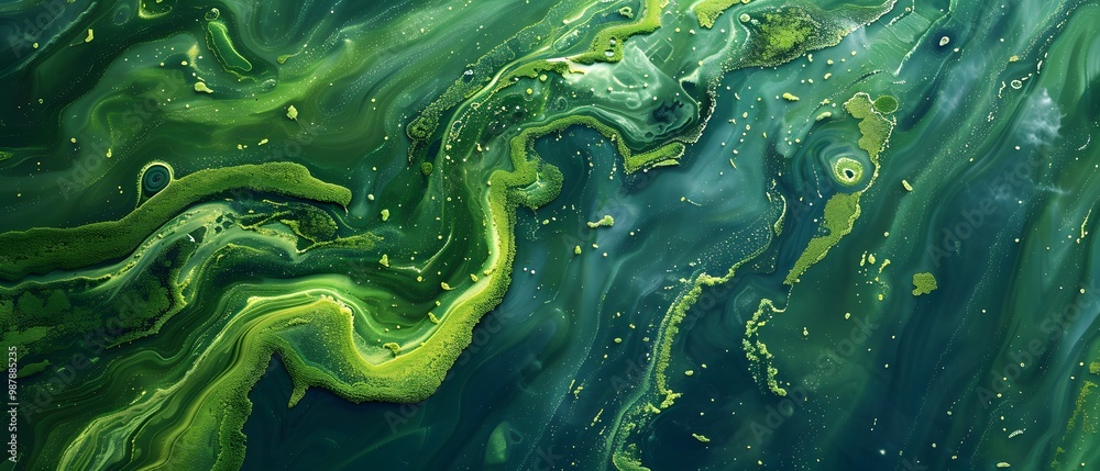 Poster vibrant green abstract pattern with fluid textures and dynamic swirls, perfect for backgrounds and a