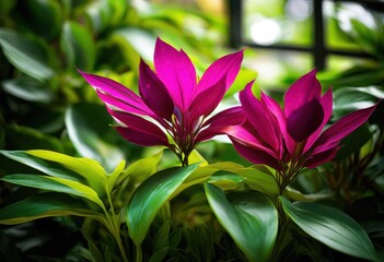 Obraz premium vibrant plant display showcasing diverse collection colorful species lush foliage unique textures, arrangement, botanical, blooms, decor, diversity, exotic