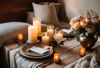 Fototapeta premium essential romantic getaway items displayed beautiful tabletop elegant decor cozy accents, candles, flowers, wine, glasses, picnic, blanket, basket