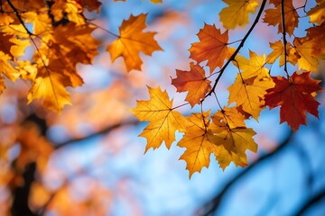 Close up of Golden Maple Leaves Against a Blurred Blue Sky