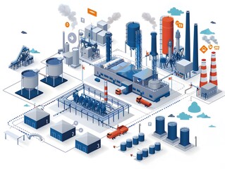 Obraz premium A detailed illustration of a modern industrial plant with tanks, smokestacks, and transport vehicles in a clean design.