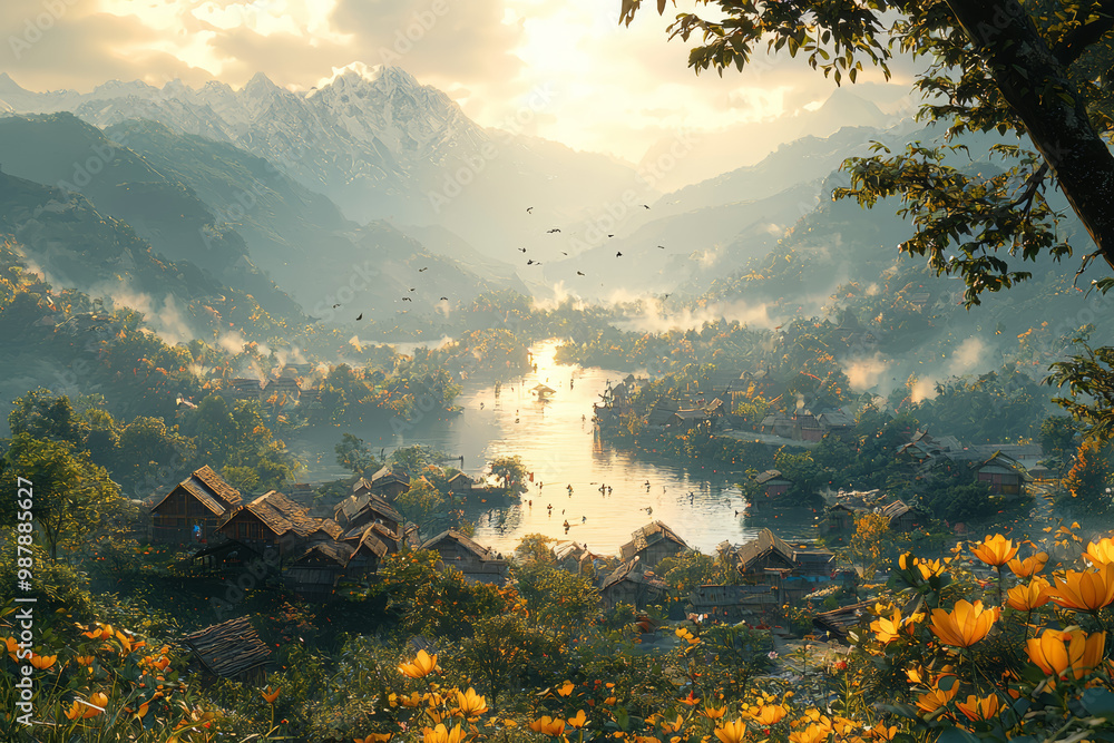 Poster a serene village scene gradually blending into a chaotic, futuristic cityscape, illustrating the evo