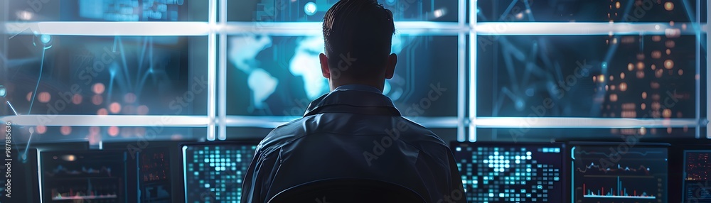 Poster a focused individual monitors data on multiple screens in a high-tech environment, surrounded by dig