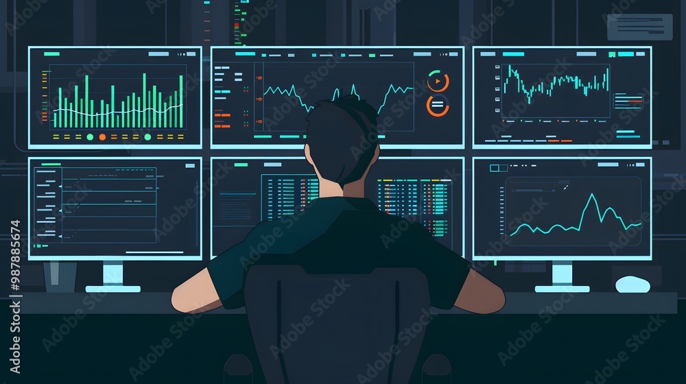 Poster a focused professional analyzes data on multiple screens, showcasing modern technology and real-time