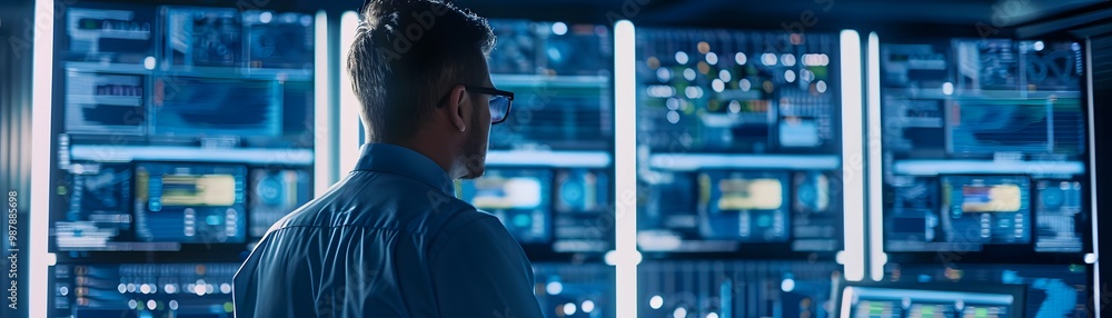 Poster a focused professional analyzing data in a control room filled with advanced technology and digital 