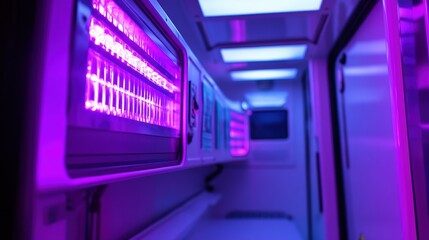 A close-up of a UV light disinfection system installed inside an ambulance, designed to kill pathogens and maintain a sterile environment.
